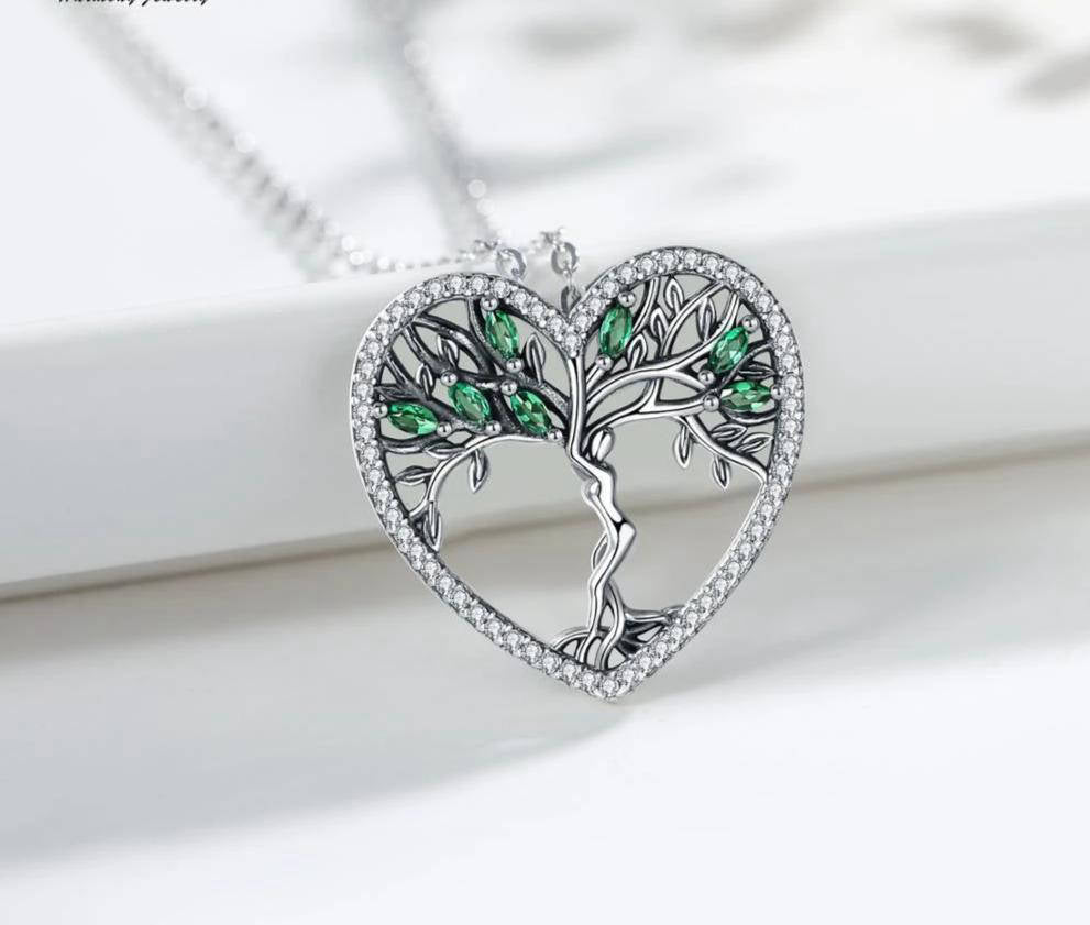 Collier Arbre de Vie : Cœur d’Émeraude en Argent Massif - Bijou Élégant et Symbolique