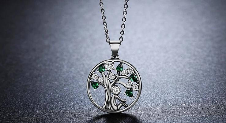 Pendentif Arbre de Vie Argent Vert - Élégance Naturelle