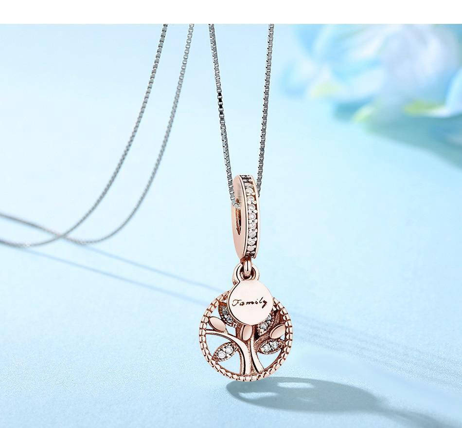 Pendentif Arbre de Vie Feuilles Roses en Argent