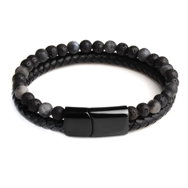 Bracelet Anti-Stress Cuir Obsidienne Noire Pierre de Lave