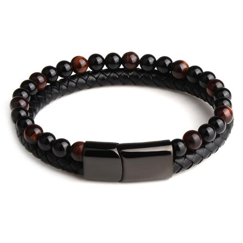 Bracelet Anti-Stress Élégant en Cuir, Obsidienne Noire et Œil de Tigre Rouge