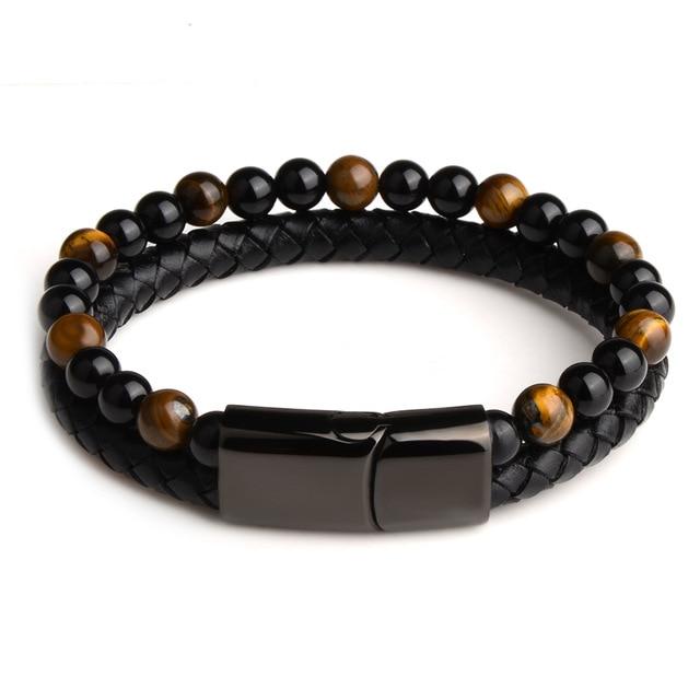 Bracelet anti-stress cuir & perles - Obsidienne & Œil de tigre