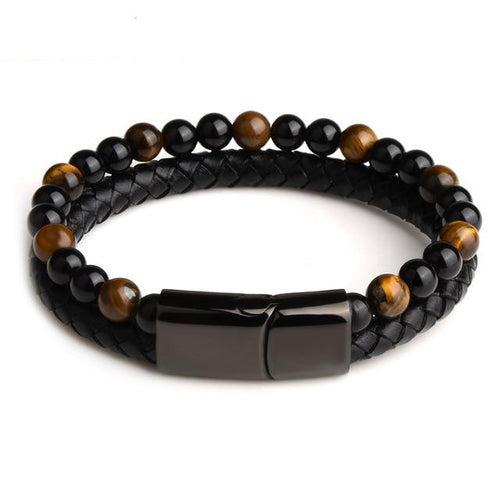 Bracelet anti-stress cuir & perles - Obsidienne & Œil de tigre