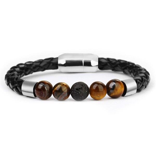 Bracelet Anti-Stress Cuir Tressé Pierre Œil de Tigre
