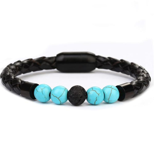 Bracelet Anti-Stress Cuir Tressé Pierre Turquoise Naturelle