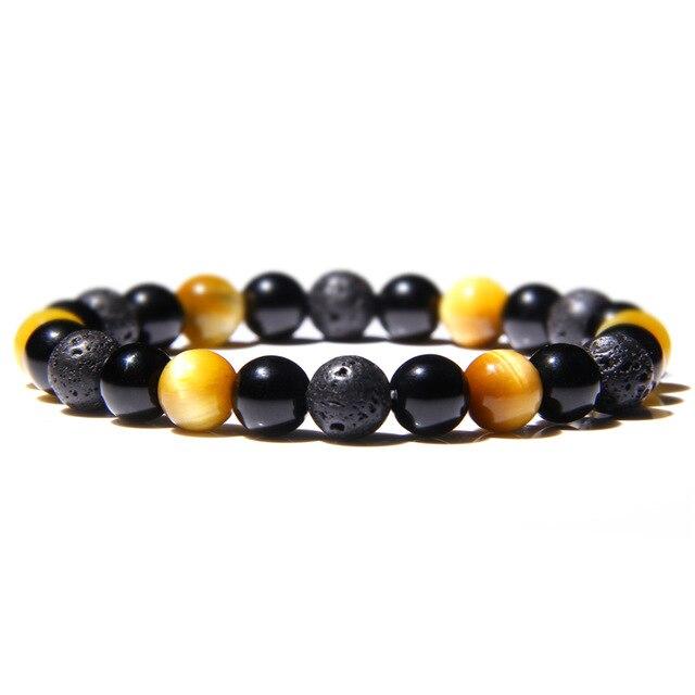 Bracelet Anti-Stress Œil de Tigre Jaune, Obsidienne & Pierre de Lave