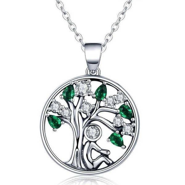Pendentif Arbre de Vie Argent Vert - Élégance Naturelle