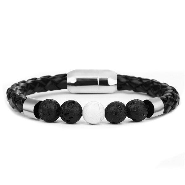 Bracelet Anti-Stress Cuir Tressé : Harmonie Volcanique et Sérénité Howlite