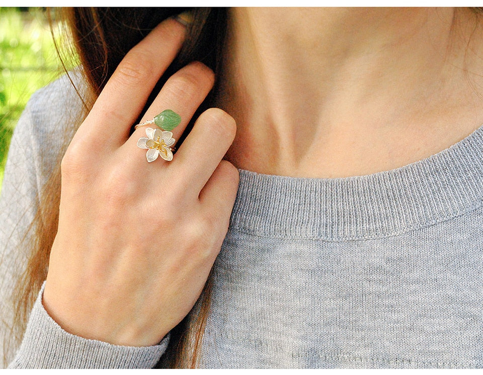 Bague Fleur de Lotus Anti-Stress en Argent et Aventurine