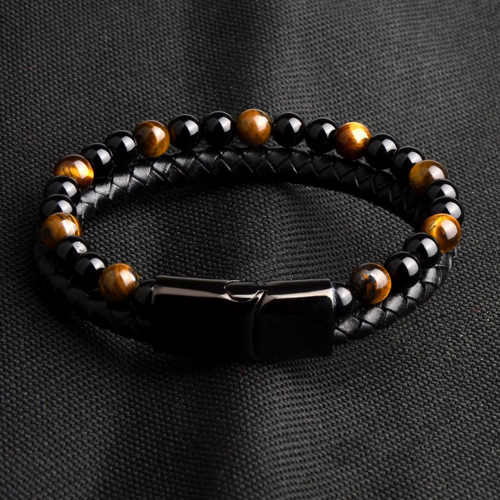Bracelet anti-stress cuir & perles - Obsidienne & Œil de tigre