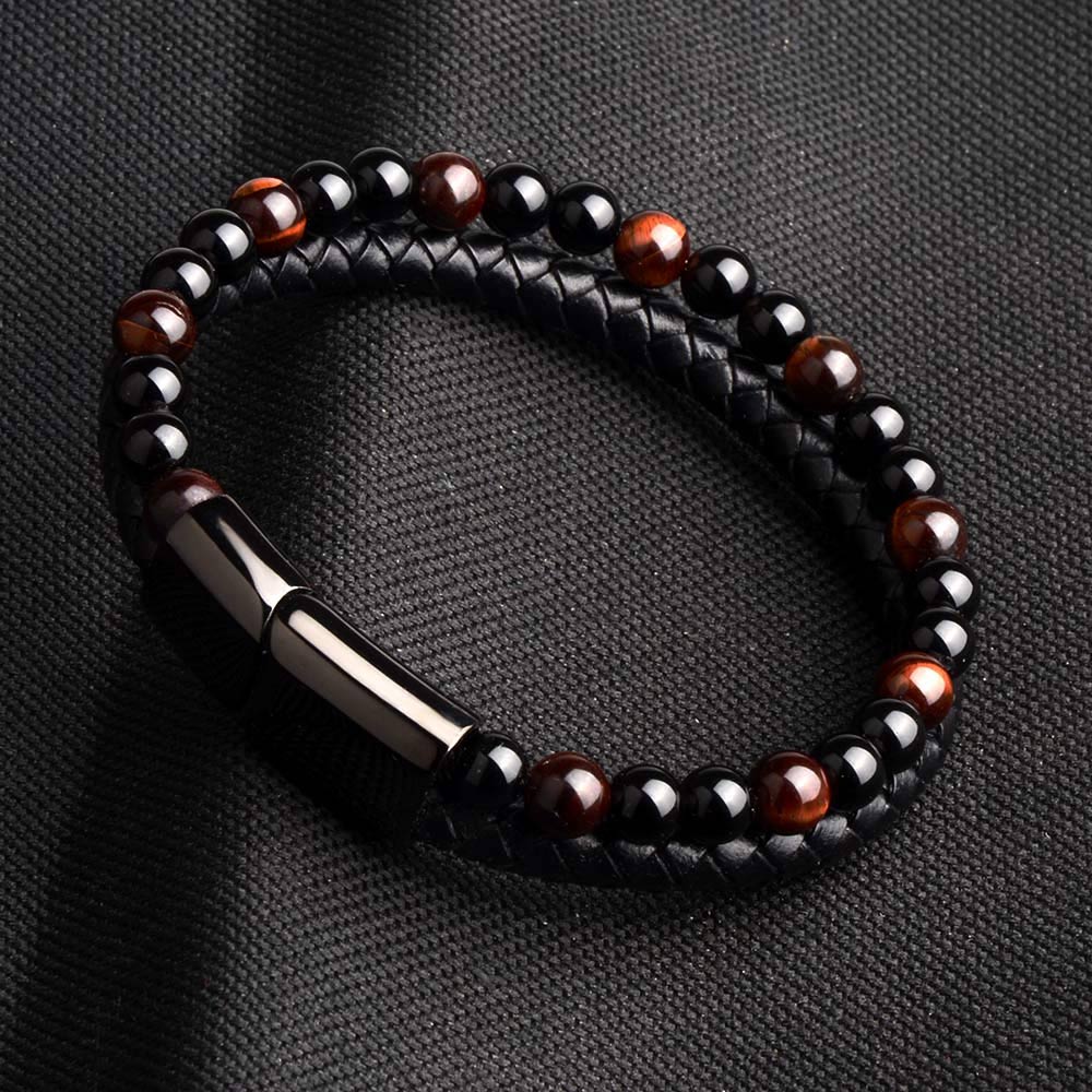 Bracelet Anti-Stress Élégant en Cuir, Obsidienne Noire et Œil de Tigre Rouge