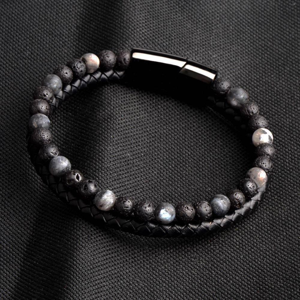 Bracelet Anti-Stress Cuir Obsidienne Noire Pierre de Lave