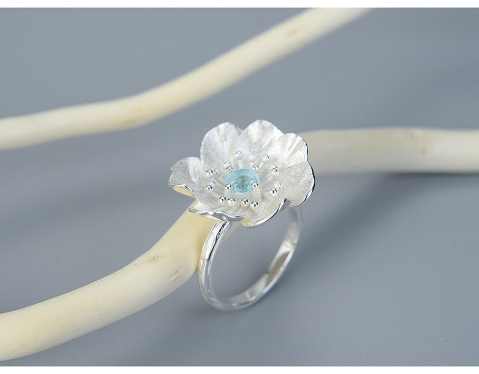 Bague Anti-Stress Fleur de Lotus Réglable en Argent Pur
