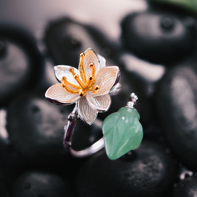 Bague Fleur de Lotus Anti-Stress en Argent et Aventurine