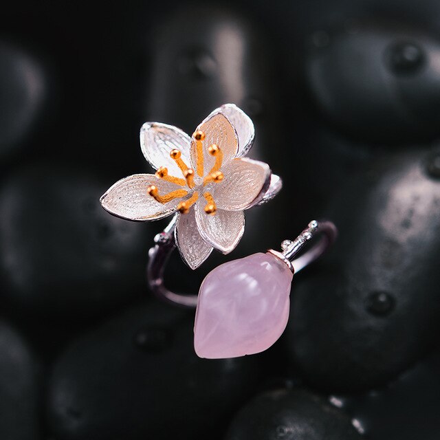 Bague Fleur de Lotus Anti-Stress en Argent et Aventurine