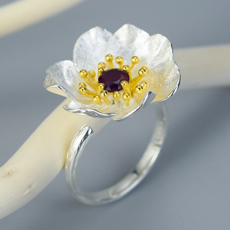 Bague Anti-Stress Fleur de Lotus Réglable en Argent Pur