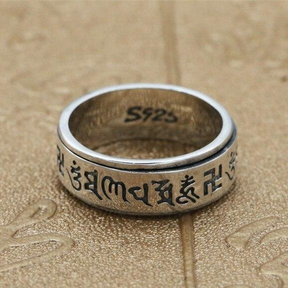 Bague Anti-Stress Anneau Tournant Tibetain en Argent