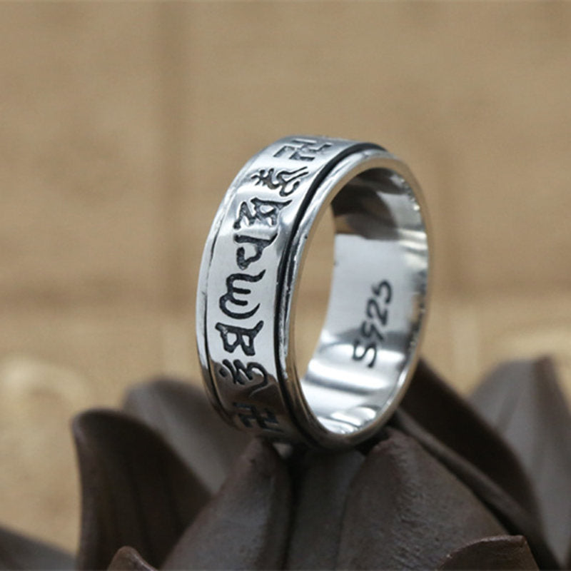 Bague Anti-Stress Anneau Tournant Tibetain en Argent