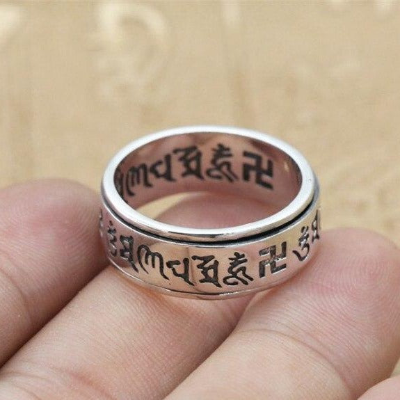 Bague Anti-Stress Anneau Tournant Tibetain en Argent