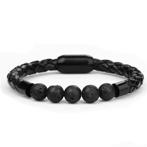 Bracelet Anti-Stress Cuir Tressé Pierre de Lave