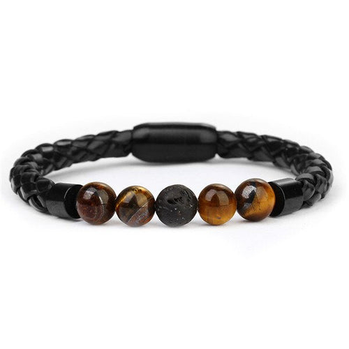 Bracelet Anti-Stress Cuir Tressé Pierre Œil de Tigre