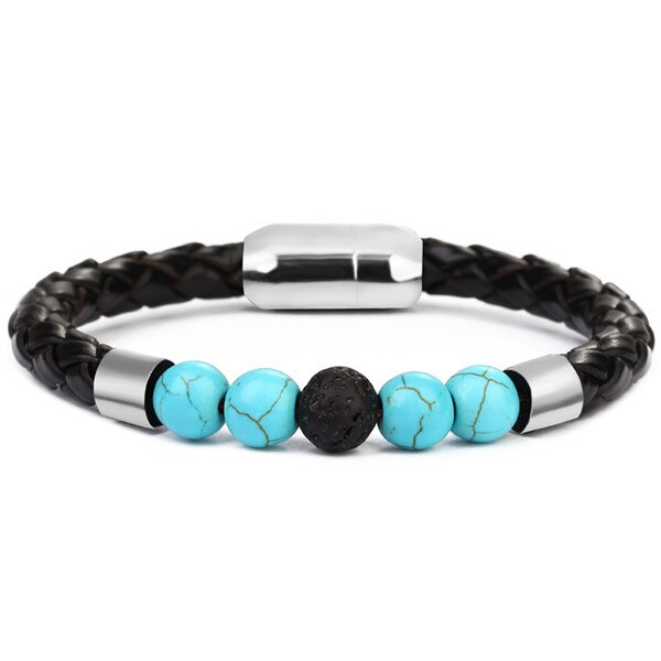 Bracelet Anti-Stress Cuir Tressé Pierre Turquoise Naturelle