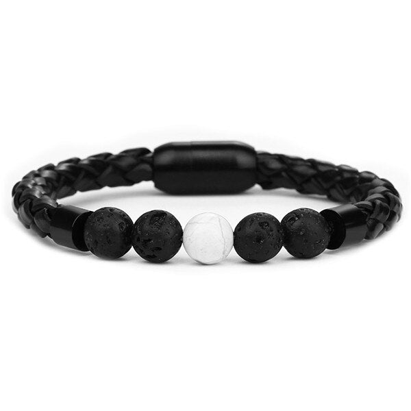 Bracelet Anti-Stress Cuir Tressé : Harmonie Volcanique et Sérénité Howlite