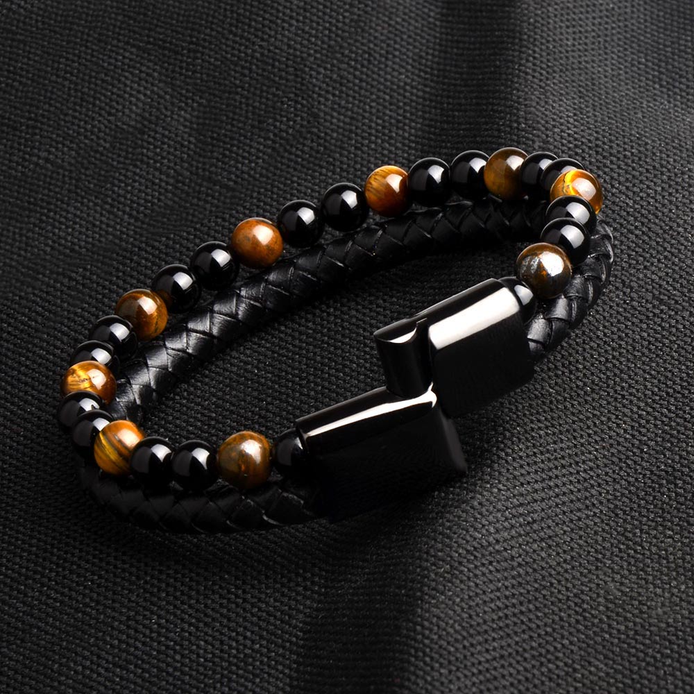Bracelet anti-stress cuir & perles - Obsidienne & Œil de tigre