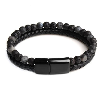 Bracelet Anti-Stress Cuir Obsidienne Noire Pierre de Lave