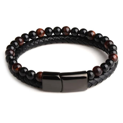 Bracelet Anti-Stress Élégant en Cuir, Obsidienne Noire et Œil de Tigre Rouge