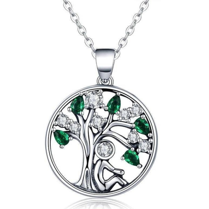 Pendentif Arbre de Vie Argent Vert - Élégance Naturelle