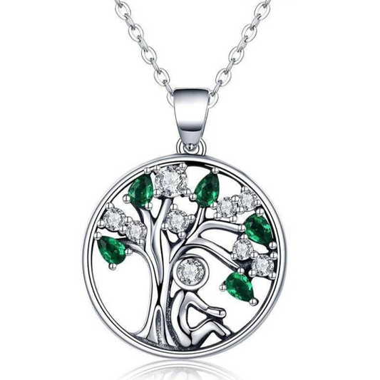 Pendentif Arbre de Vie Argent Vert - Élégance Naturelle