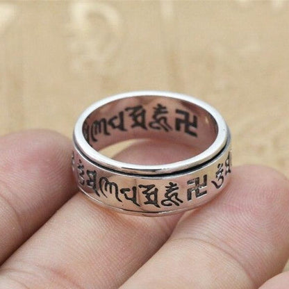 Bague Anti-Stress Anneau Tournant Tibetain en Argent