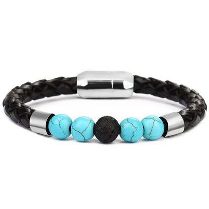 Bracelet Anti-Stress Cuir Tressé Pierre Turquoise Naturelle